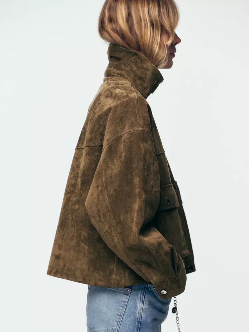 NWT Zara 100% Leather Suede Bomber Jacket Khaki Dusty Cocoa Brown - Picture 3 of 14
